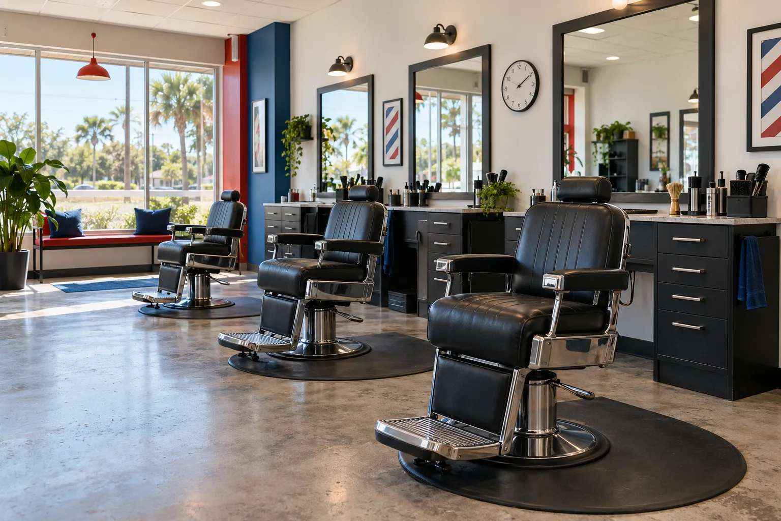AI-generated stock-style image of three black barber chairs facing simple mirrors in an imagined bright shop with red and blue accents.