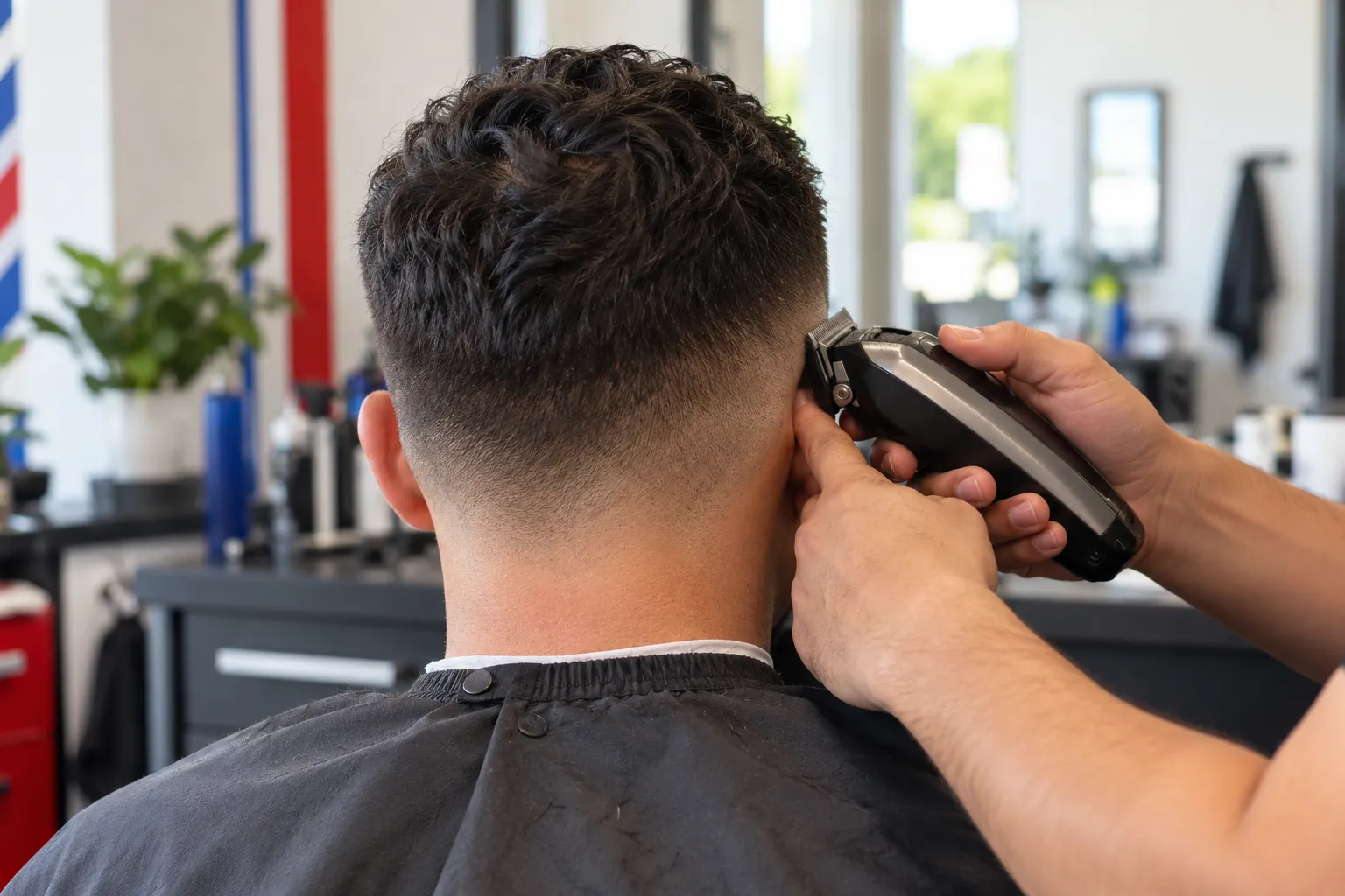 AI-generated stock-style image showing the back of an adult client's tapered haircut while a barber guides a clipper beside the ear; faces are out of frame.